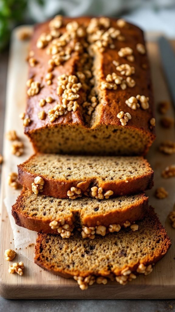 A loaf of zucchini bread topped with walnuts, sliced and ready to serve.
