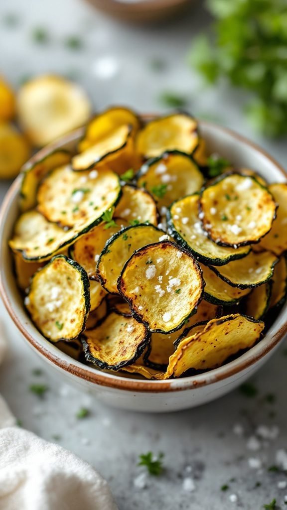 Bowl of crispy zucchini chips seasoned with spices