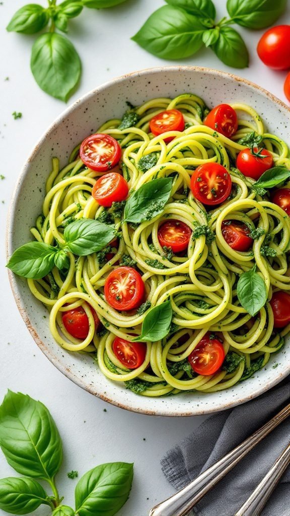 A bowl of zucchini noodles with cherry tomatoes and fresh basil, served with pesto.