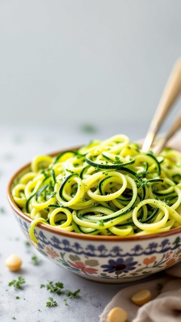 A bowl of zucchini noodles with pesto, garnished with fresh herbs and nuts.