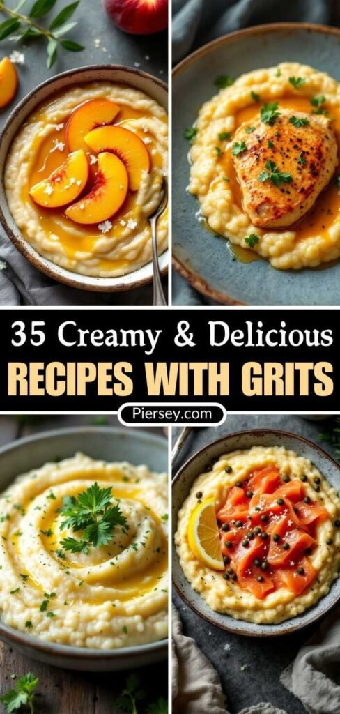 35 delicious grits recipes image showing four dishes: peach-topped, herb chicken, parsley garnish, and smoked salmon with capers. Cozy, inviting feel.