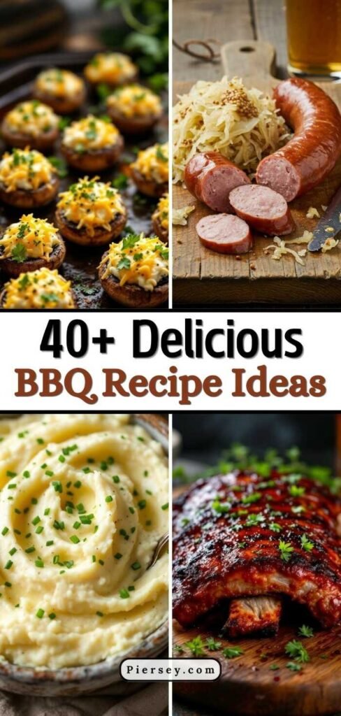 Collage of BBQ foods: stuffed mushrooms, sausage with sauerkraut, creamy mashed potatoes, and glazed ribs, captioned "40+ Delicious BBQ Recipe Ideas."