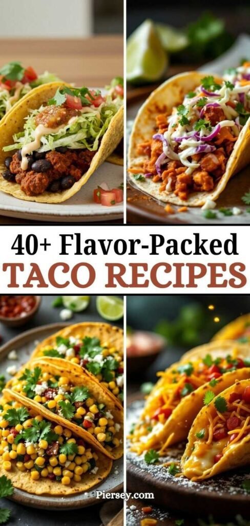 Four colorful tacos filled with beans, meat, lettuce, cheese, and garnished with cilantro. Text reads "40+ Flavor-Packed Taco Recipes."