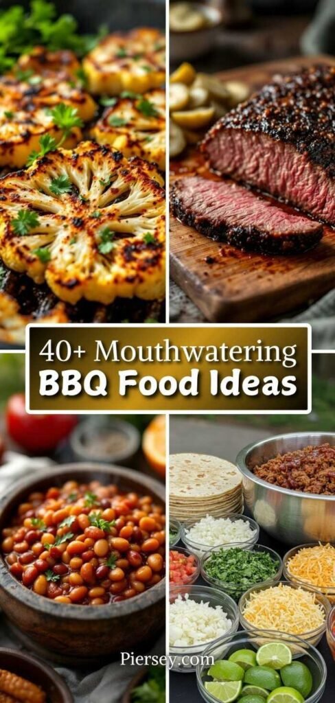 Grilled cauliflower, juicy steak, baked beans, and taco ingredients in separate images. Text overlay: "40+ Mouthwatering BBQ Food Ideas."