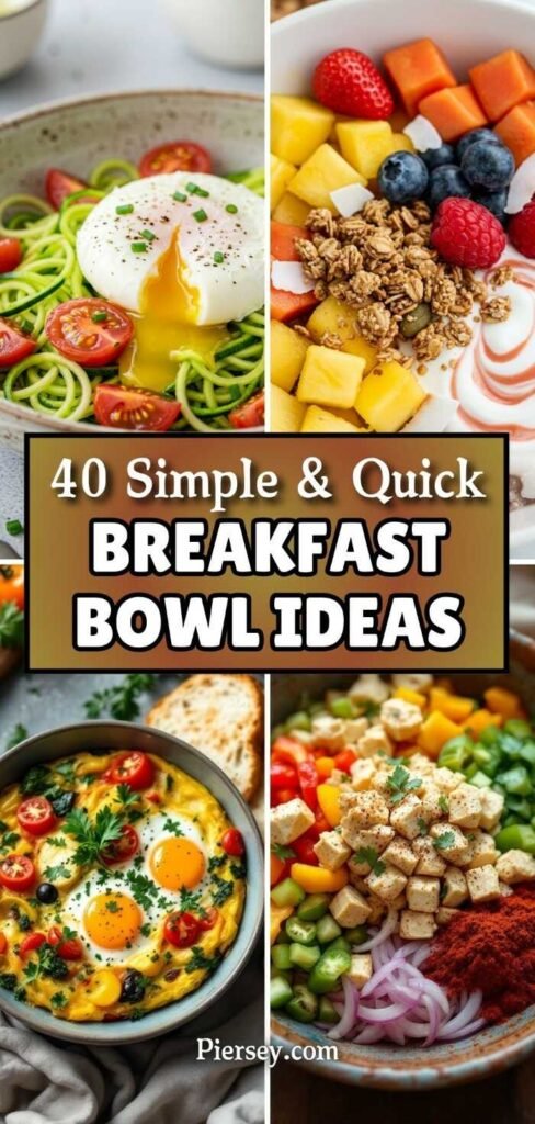 Collage of four vibrant breakfast bowls: zucchini noodles with poached egg, fruit and granola, sunny-side-up eggs, and a tofu salad bowl. Energetic and fresh.