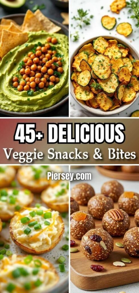 Collage of veggie snacks: avocados with chickpeas, zucchini chips, stuffed potatoes, and energy balls. Text overlay: "45+ Delicious Veggie Snacks & Bites".