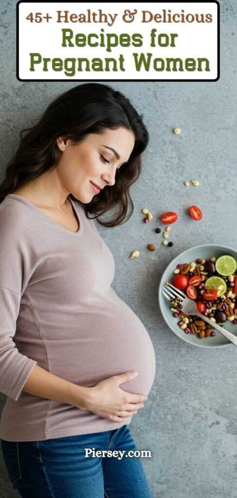 Pregnant woman gently holding her belly, smiling. A healthy, colorful salad with cherry tomatoes and lime is beside her. Text reads: "45+ Healthy & Delicious Recipes for Pregnant Women."