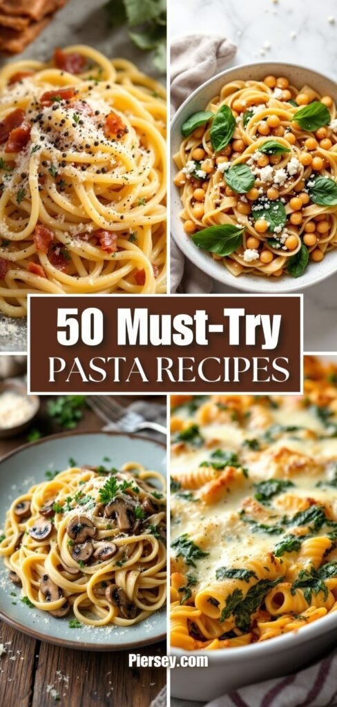 Collage of four pasta dishes: carbonara, chickpea with basil, mushroom linguine, and cheesy baked pasta. Text overlay reads "50 Must-Try Pasta Recipes."