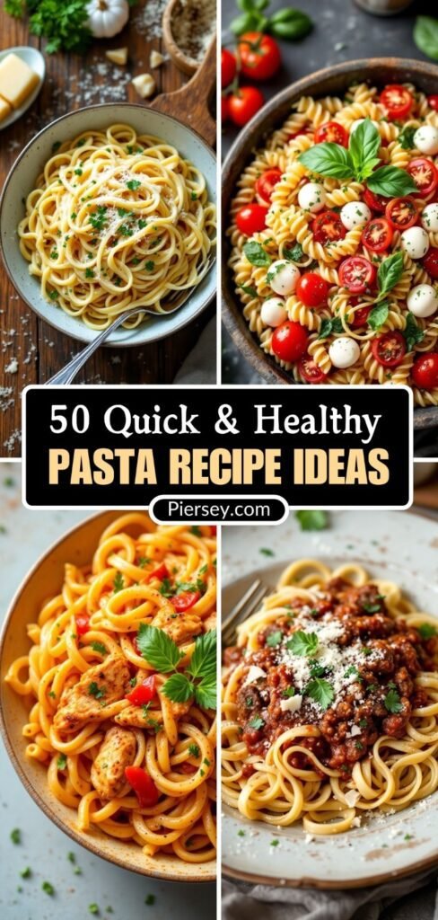 A collage of four pasta dishes: Alfredo, Caprese, chicken with red sauce, and spaghetti Bolognese. Text overlay: "50 Quick & Healthy Pasta Recipe Ideas."