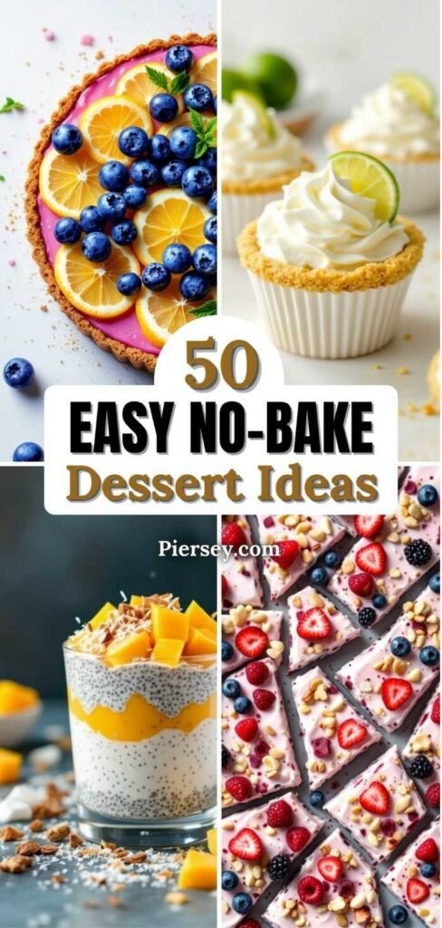 Colorful image collage of no-bake desserts. Includes a berry tart, lime cupcakes, a chia parfait with mango, and berry-topped dessert squares.