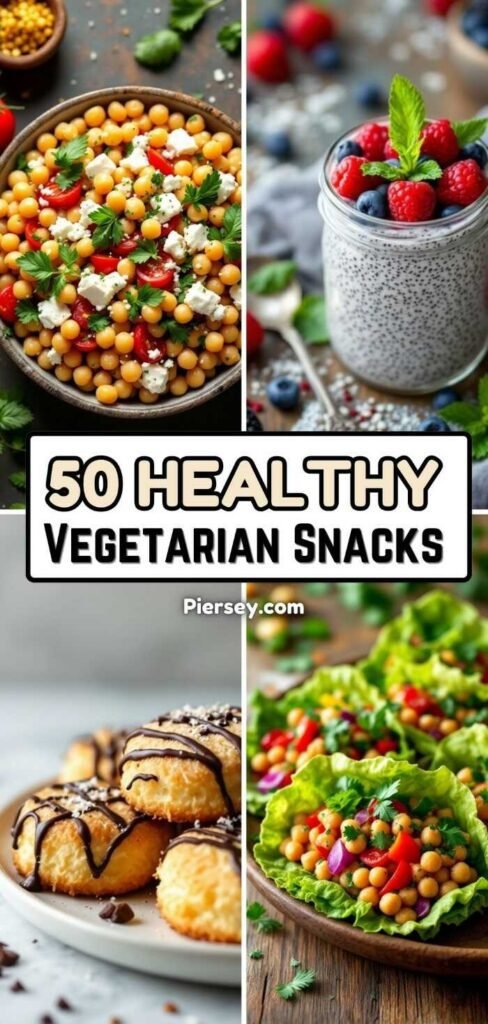 A collage of healthy vegetarian snacks: chickpea salad, chia pudding with berries, chocolate-drizzled cookies, and lettuce wraps with chickpeas.