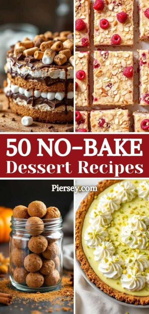 Collage of no-bake desserts: s'mores cake with marshmallows, raspberry almond bars, pumpkin truffles in a jar, and a key lime pie. Text reads "50 No-Bake Dessert Recipes."