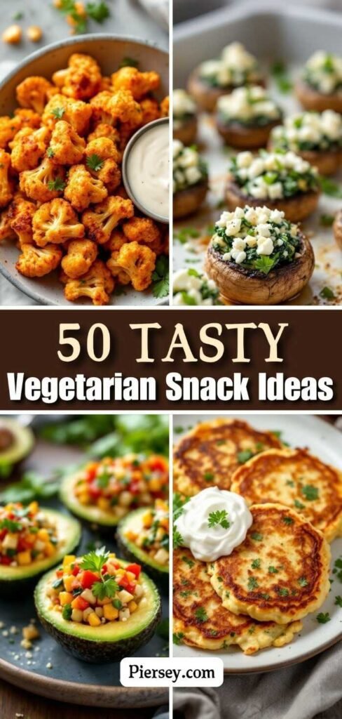 A collage of vegetarian snacks: spicy roasted cauliflower, stuffed mushrooms, avocado cups with corn salsa, and fritters with sour cream. Text reads "50 Tasty Vegetarian Snack Ideas."