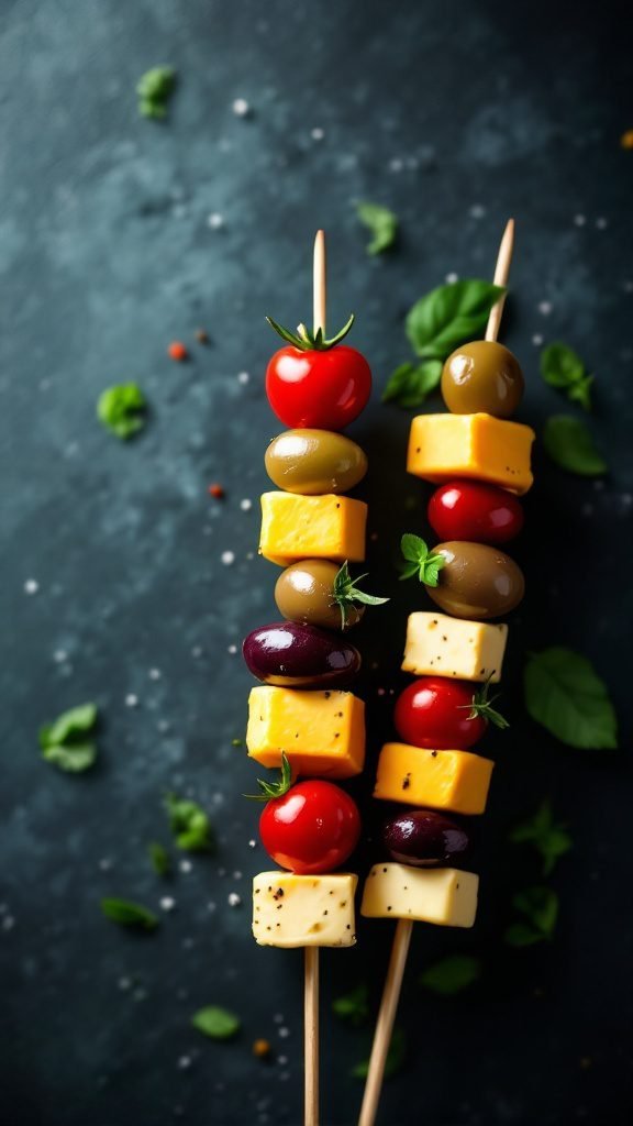 Antipasto skewers with olives and cheese stacked on wooden sticks