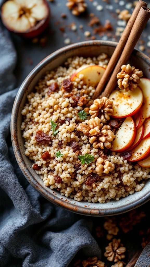 A bowl of apple cinnamon quinoa topped with walnuts and apple slices.
