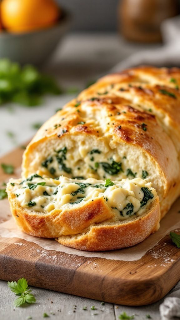 Artichoke and Spinach Stuffed Bread with a golden crust and creamy filling.