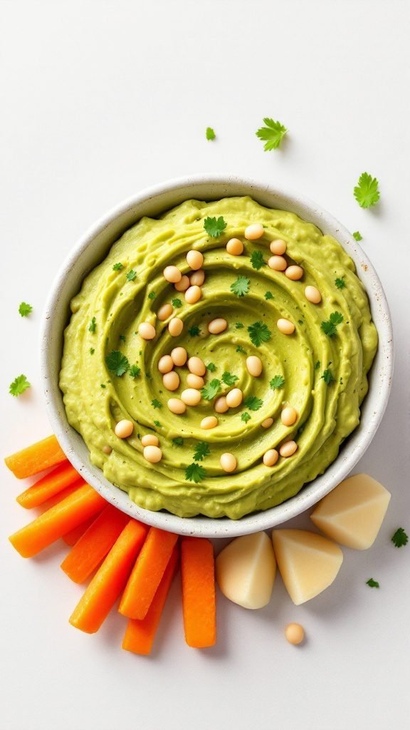 A bowl of avocado and white bean spread with garnishes and sliced veggies.