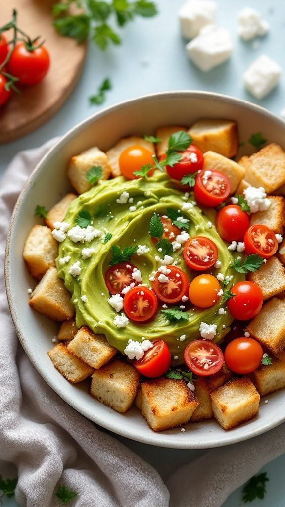 A colorful avocado toast breakfast bowl featuring avocado spread, cherry tomatoes, and toasted bread cubes.