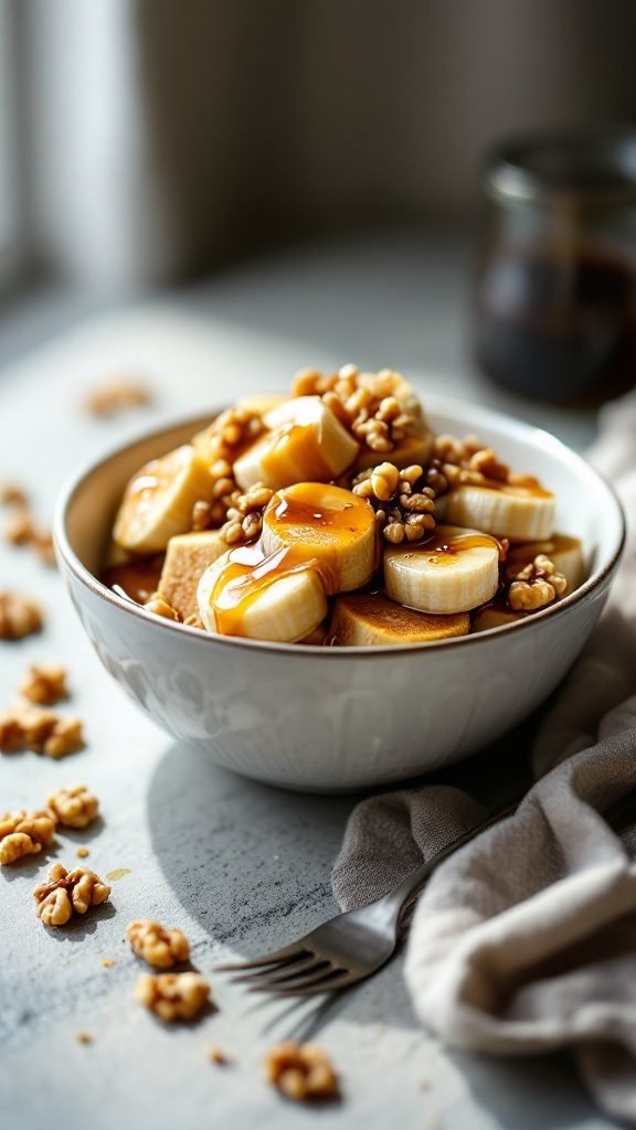 A delicious bowl of banana nut pancakes topped with walnuts and syrup.