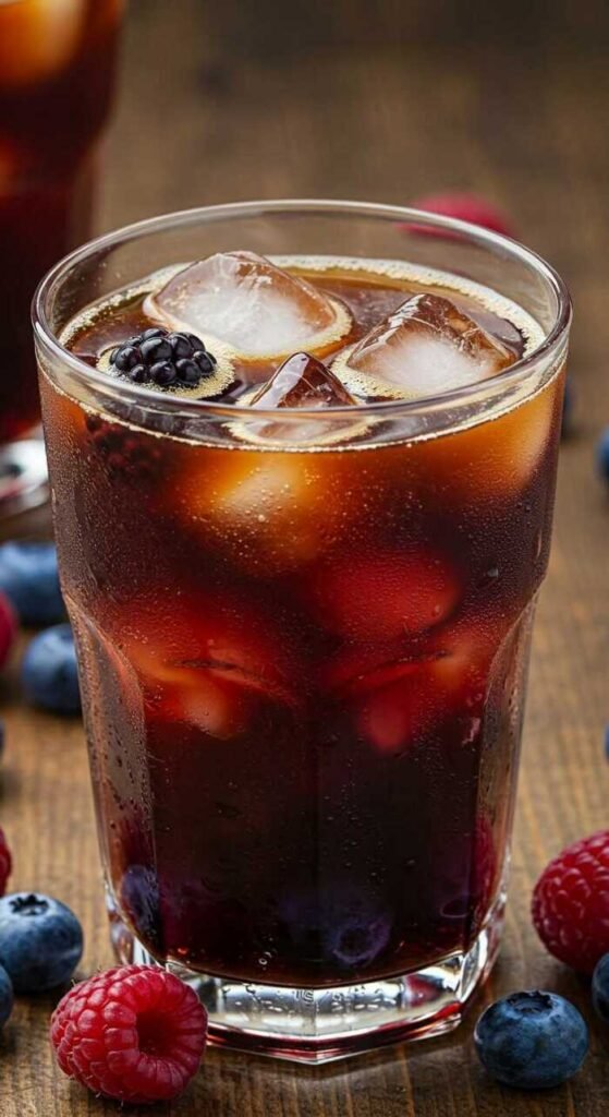 A refreshing glass of berry infused cold brew coffee with assorted berries.
