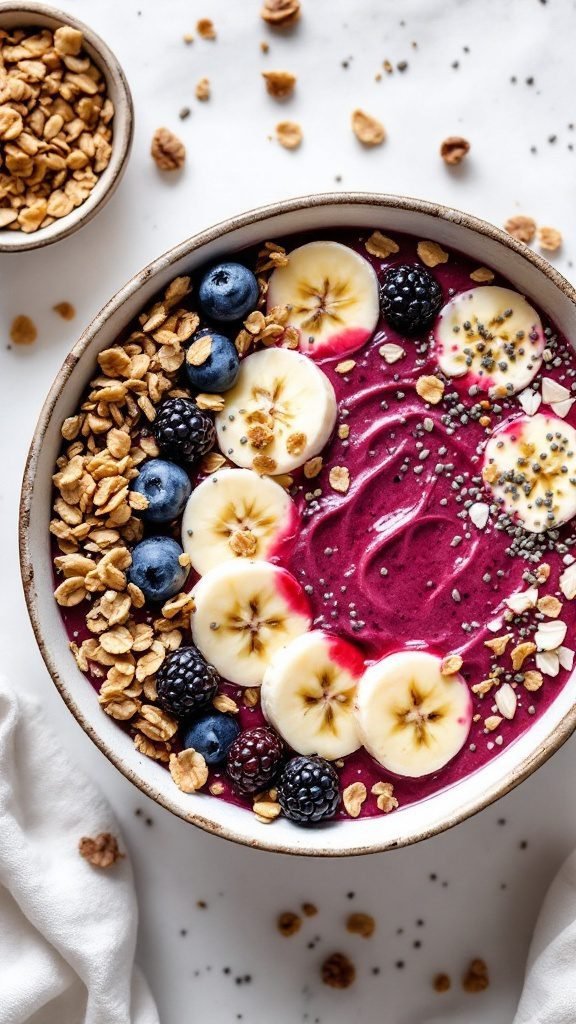 A colorful berry smoothie bowl topped with granola and fresh fruit.