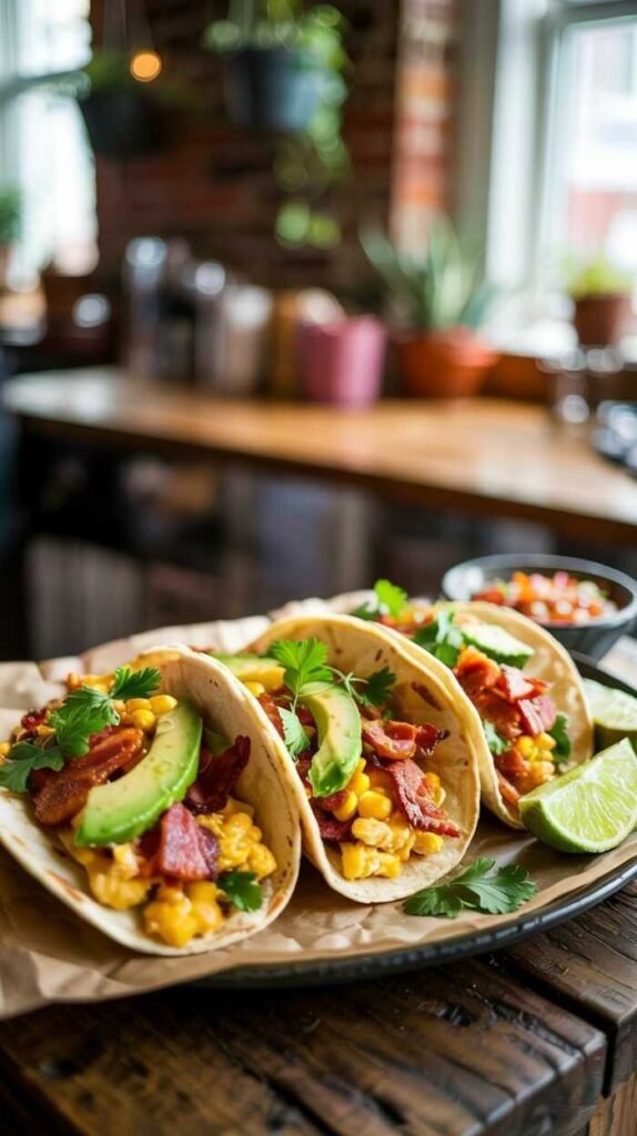 Delicious breakfast tacos filled with eggs, bacon, and corn.