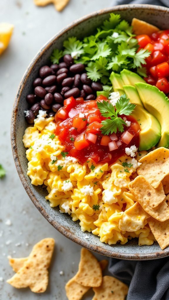 A colorful breakfast burrito bowl with scrambled eggs, black beans, avocado, salsa, tomatoes, and cilantro.