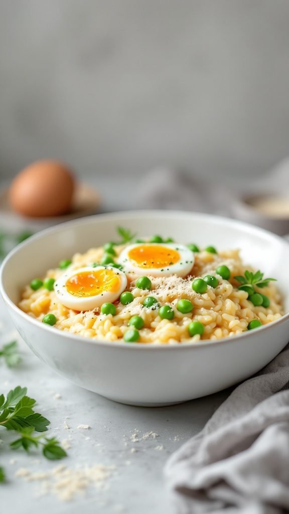 A bowl of creamy breakfast risotto topped with soft-boiled eggs and fresh peas.