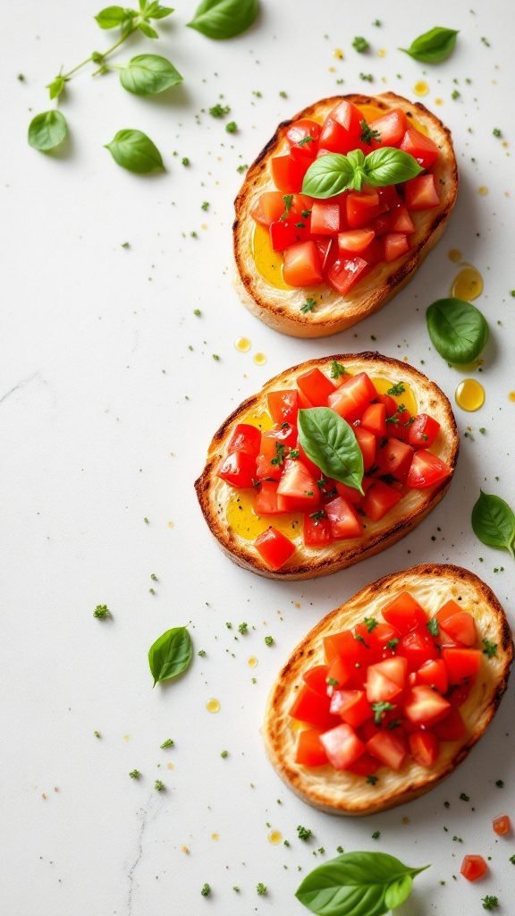 Bruschetta with fresh diced tomatoes and basil on toasted bread slices