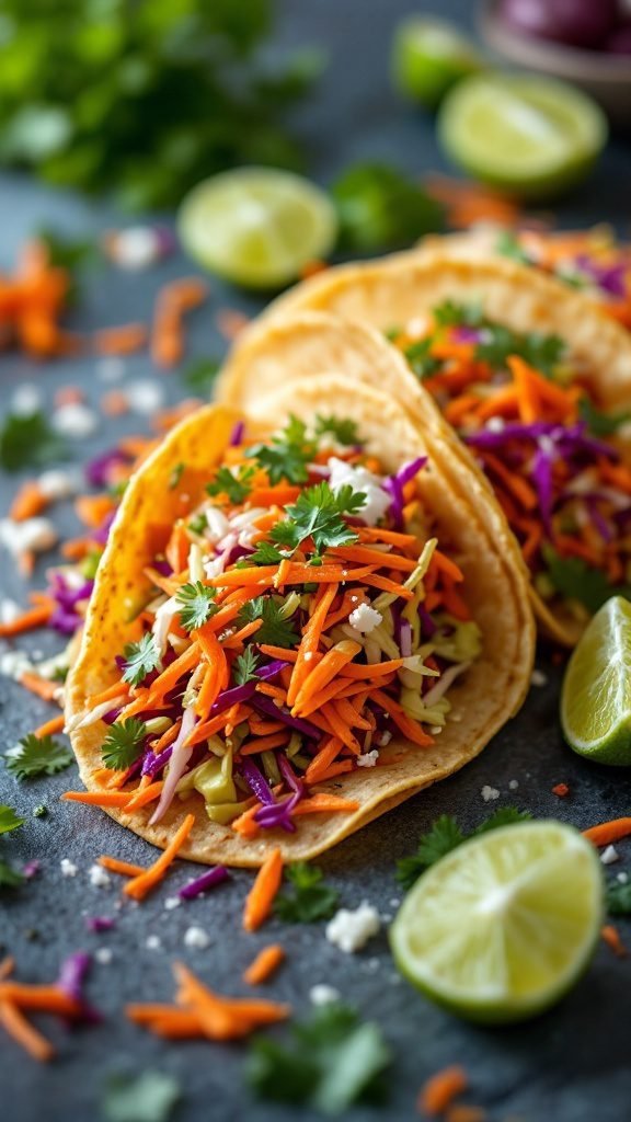 Cabbage and carrot slaw in taco shells with lime wedges and garnished with cilantro.