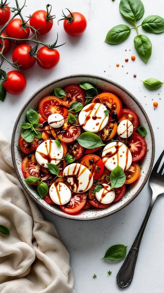 A vibrant Caprese breakfast bowl with tomatoes, mozzarella, and basil.