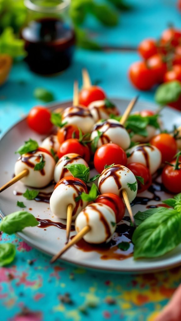 Caprese skewers with cherry tomatoes, mozzarella, and basil drizzled with balsamic glaze