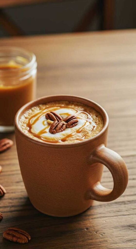 A cozy mug of caramel pecan hot coffee topped with pecans and caramel sauce.