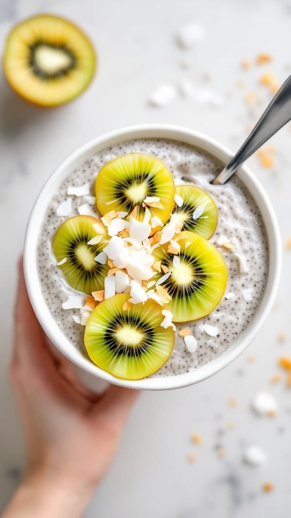Chia seed pudding bowl topped with kiwi slices and coconut flakes