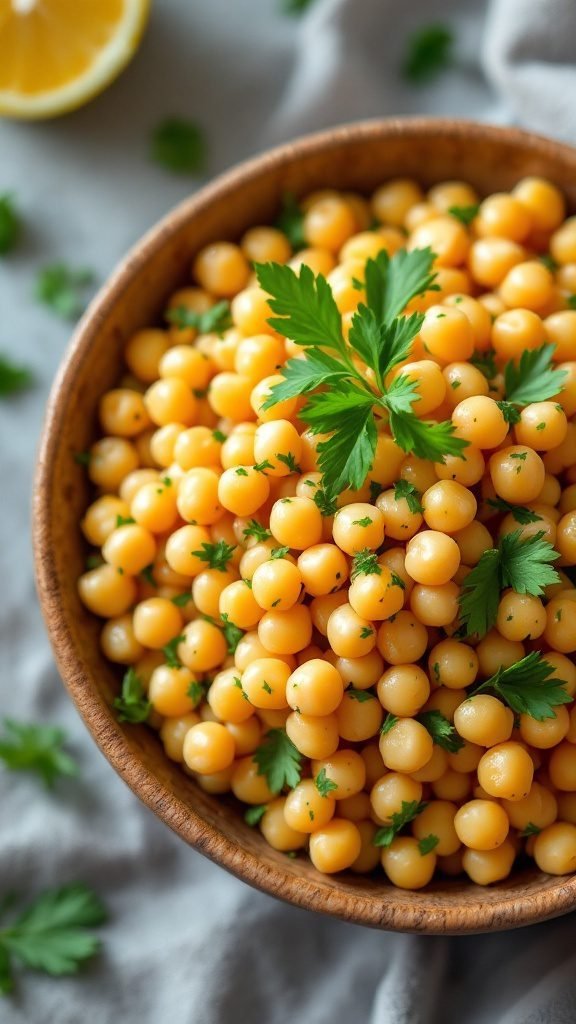A bowl of chickpea salad with lemon and parsley