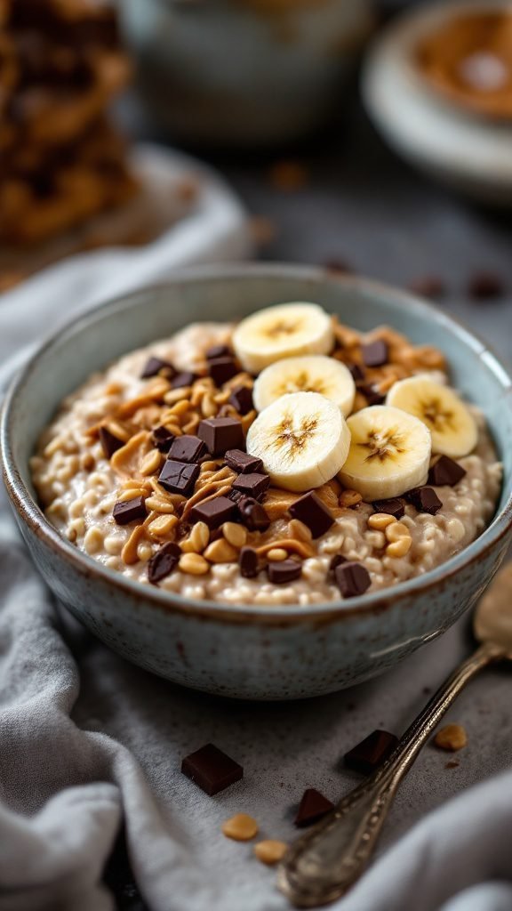 A bowl of chocolate peanut butter overnight oats topped with banana slices and chocolate chips.