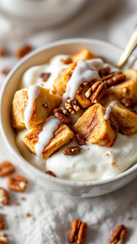 A delicious Cinnamon Roll Yogurt Bowl topped with pecans and drizzled with icing.