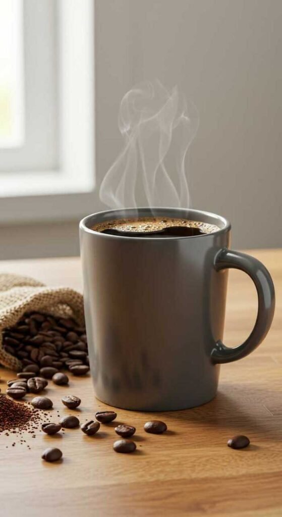 A cozy cup of hot brewed coffee with steam rising, surrounded by coffee beans.