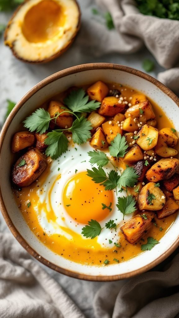 A colorful coconut curry breakfast bowl filled with sweet potatoes, spinach, cherry tomatoes, and topped with avocado and cilantro.