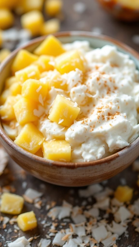 A delicious cottage cheese and pineapple bowl topped with coconut.