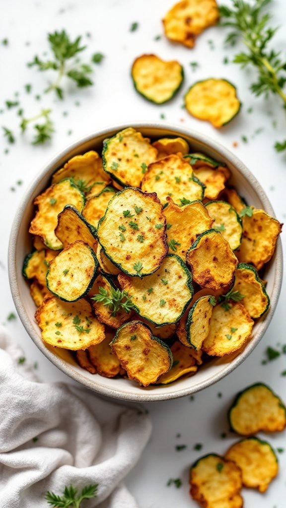 Crispy baked zucchini chips in a bowl, garnished with fresh herbs.