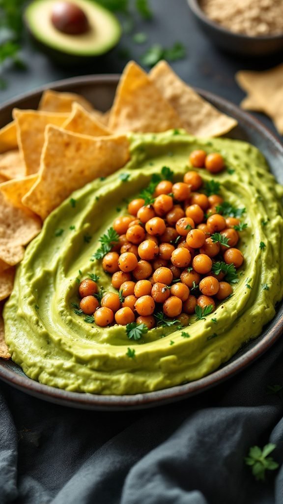 Crispy Chickpea and Avocado Dip with tortilla chips