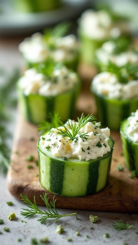 Cucumber cups filled with cream cheese and garnished with dill.