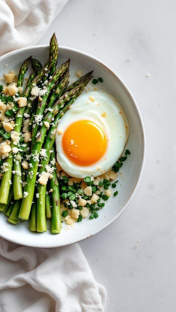 An egg and asparagus breakfast bowl with grated cheese and herbs