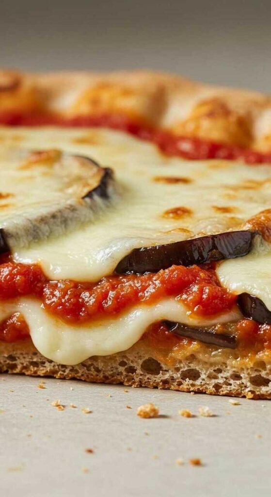 Delicious eggplant parmesan with a whole wheat crust served on a wooden plate.