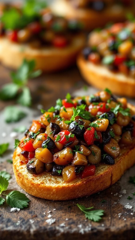 Eggplant Caponata served on toasted crostini, garnished with fresh herbs.