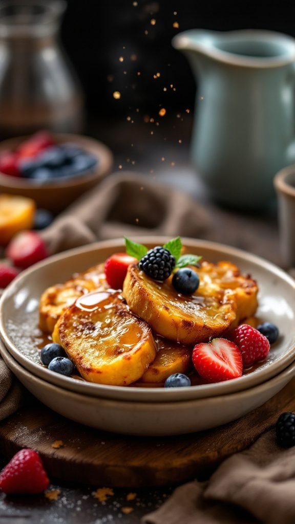 A delicious French toast casserole served with berries and syrup.