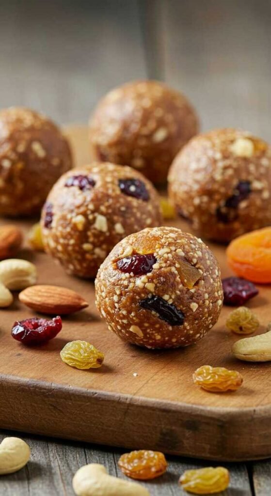Healthy fruit and nut energy bites on a wooden board