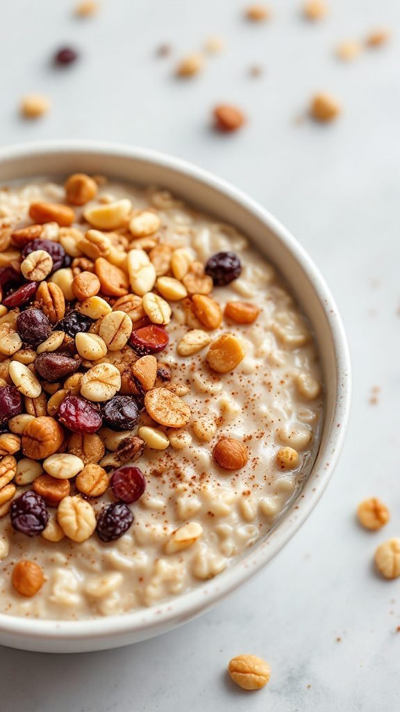 A wholesome bowl of oatmeal topped with nuts and dried fruits.