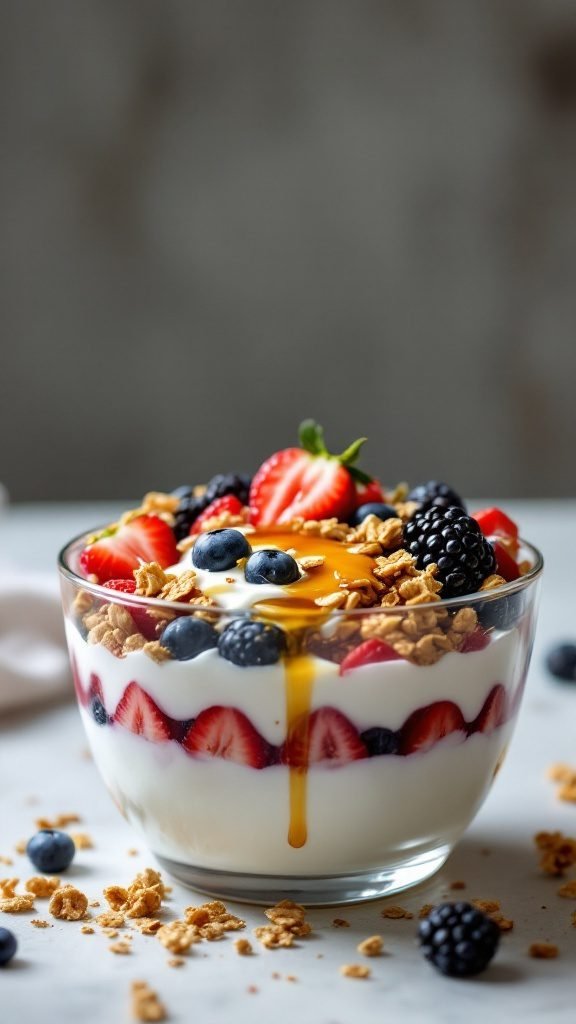 A delicious Greek yogurt parfait bowl layered with strawberries, blueberries, blackberries, and granola.